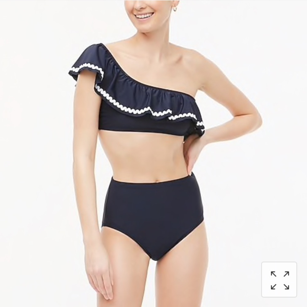 J Crew ruffle Rickrack one-shoulder bikini top Navy Blue and White‎ AK510